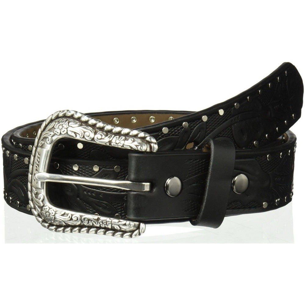 Ariat Women's Western Black  Leather Belt Silver Floral Buckle Studded Size L 37